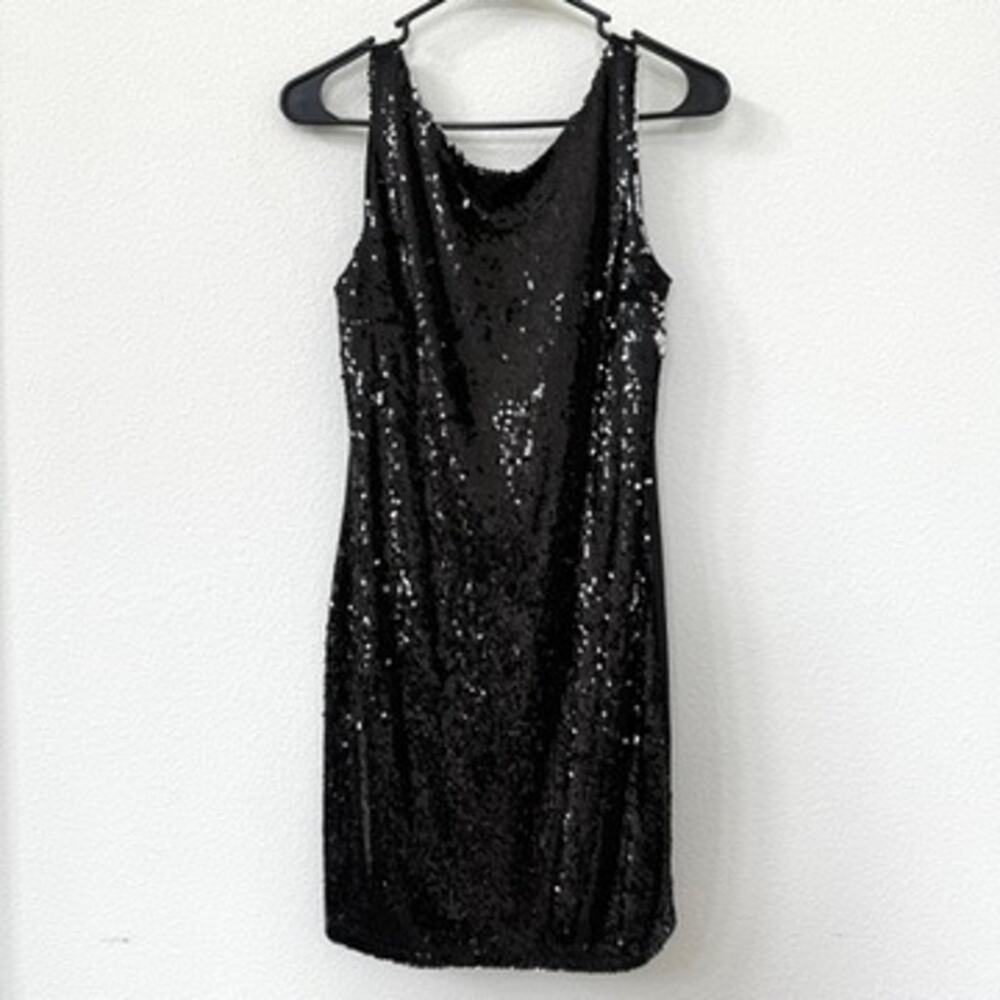 KIMCINE Sequin Mini Dress Black Draped Scoop Neck Racerback Glam Size M